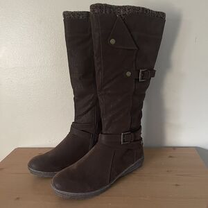Austin Trading Co Faux Nubuck Boots Women 9.5 Knee High Buckle Straps Brown